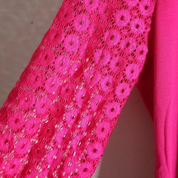 Women's Hot Pink Eyelet Lace Puffy Long Sleeve Top Size L - Picture 6 of 6